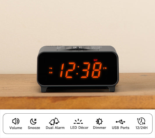 iTOMA 213-AU Small Alarm Clocks, Dual Alarms with 4 Alarm Week Modes, Snooze, USB Charger, Auto & Manual Dimmer,12/24Hr,Night Light and Orange LED Display Clock for Bedrooms