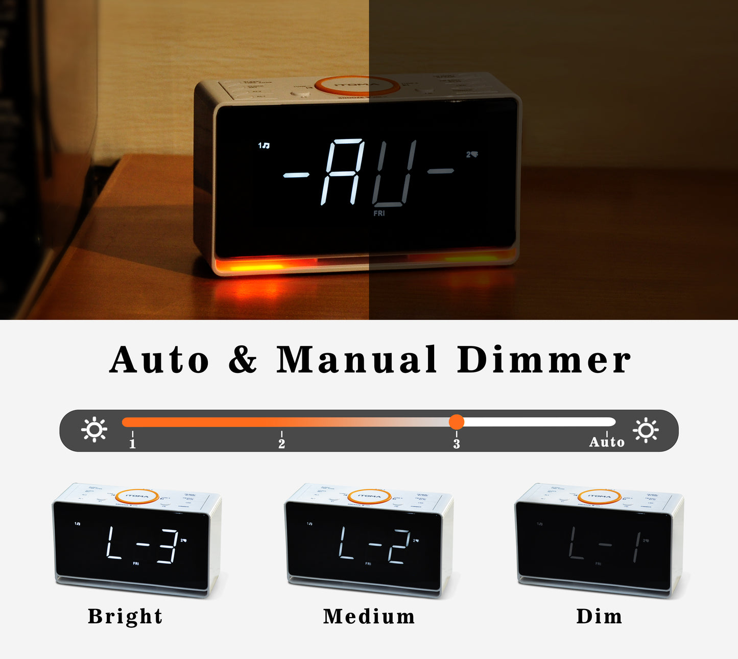 Digital Alarm Clock Radio, 1.4" White LED Display Clock with Bluetooth, FM Radio, Dual Alarm, Sleep Timer, Snooze, Auto & Manual Dimmer, USB Charger and Night Light iTOMA 718