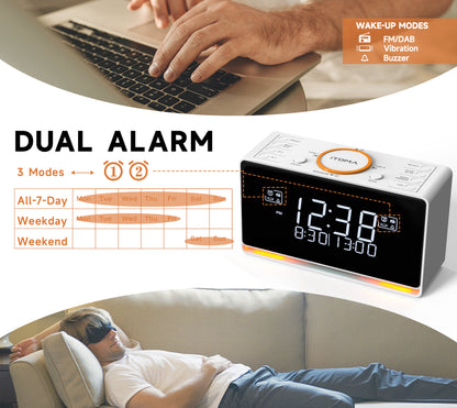 iTOMA 728-AU DAB and FM, Bluetooth, dual alarm clocks, sleep timer, dimming control, USB charger and headphone jack