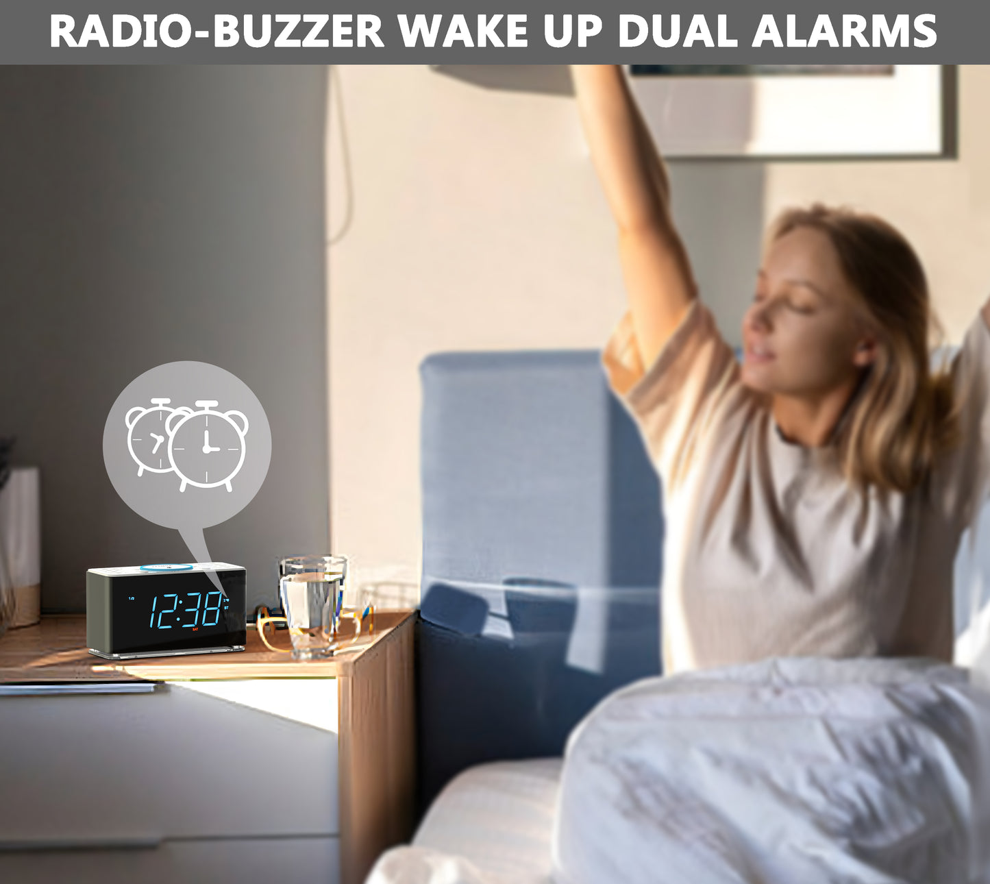 iTOMA 207A-AU Creative APP Control, Alarm Clock Radio with 15W Wireless Charger, FM Radio, Bluetooth, Two Charging Ports, Dual Alarm, Sleep Timer, Snooze, Auto-Manual Dimmer, Night Light &1.4" Ice Blue LED Display Clock Radio for Bedroom