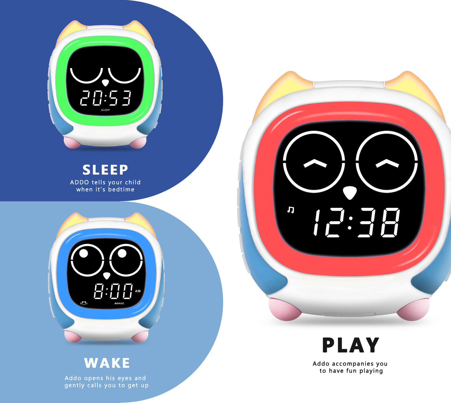 Kinderwecker Addo, Sonnenaufgangs-/Sonnenuntergangssimulation, Nachttischlampe, Uhrentrainer für Kinder mitwachsen und Bluetooth-Musikplayer, Weißes Rauschen, Schlafgeräusche, Weckuhr, Eule, iTOMA