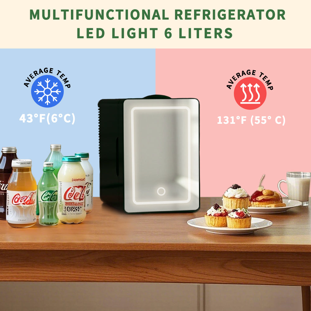 Mini Skincare Fridge with LED Mirror 6L K6100, 6Liter/6 Cans Cooler and Warmer for Makeup, Cosmetic, Beauty, Food, Medicine Portable Small Refrigerator 100% Freon-Free Eco Friendly for Bedroom, Nursery, Office, Camp and Car