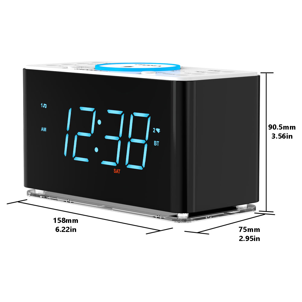iTOMA 207A-AU Creative APP Control, Alarm Clock Radio with 15W Wireless Charger, FM Radio, Bluetooth, Two Charging Ports, Dual Alarm, Sleep Timer, Snooze, Auto-Manual Dimmer, Night Light &1.4" Ice Blue LED Display Clock Radio for Bedroom