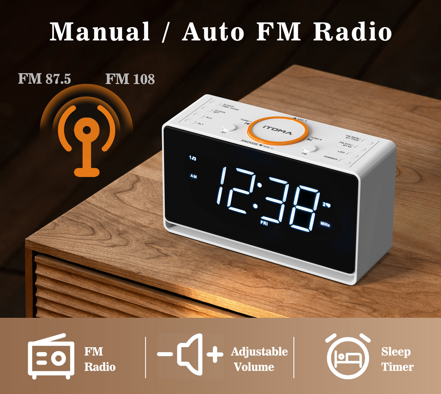 Digital Alarm Clock Radio, 1.4" White LED Display Clock with Bluetooth, FM Radio, Dual Alarm, Sleep Timer, Snooze, Auto & Manual Dimmer, USB Charger and Night Light iTOMA 718