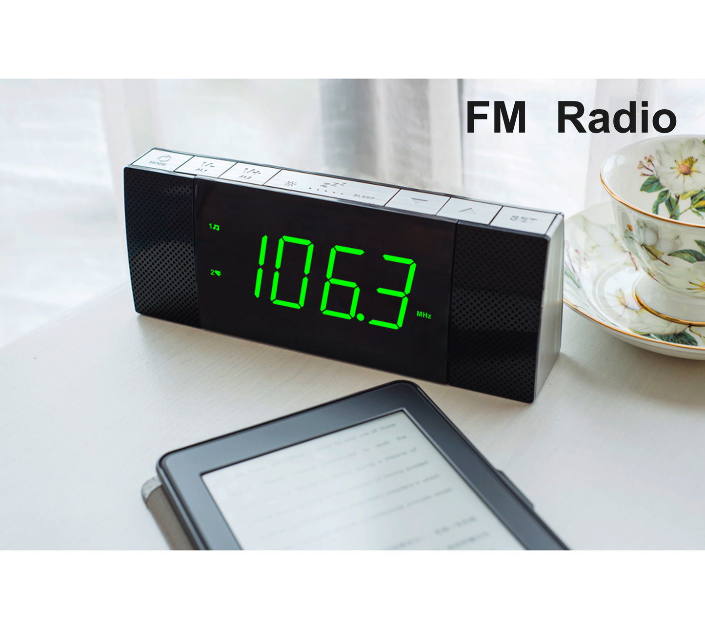 Digital iTOMA Bedside Alarm Clock Radio with Wireless Connection Speaker, Dimmable Jade Green LED Display, FM Radio with Sleep Timer, Dual Alarm with ON/OFF Push-button, Snooze, 12/24H 503U