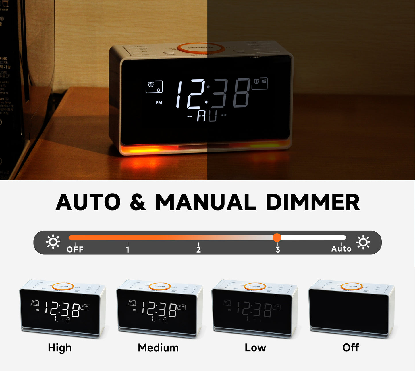 iTOMA 728-AU DAB and FM, Bluetooth, dual alarm clocks, sleep timer, dimming control, USB charger and headphone jack