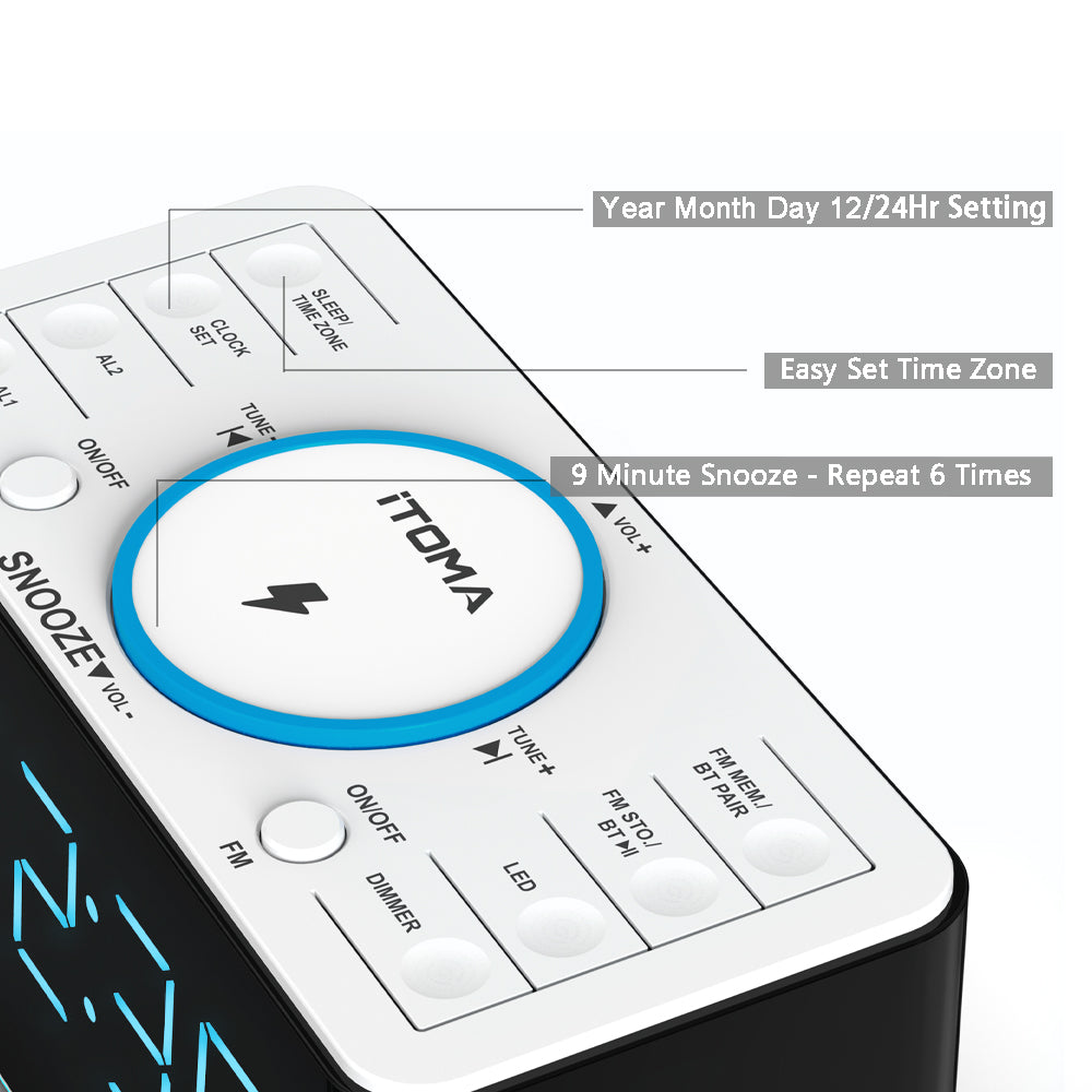 iTOMA 207A-AU Creative APP Control, Alarm Clock Radio with 15W Wireless Charger, FM Radio, Bluetooth, Two Charging Ports, Dual Alarm, Sleep Timer, Snooze, Auto-Manual Dimmer, Night Light &1.4" Ice Blue LED Display Clock Radio for Bedroom