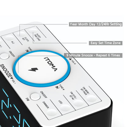 iTOMA 207A-AU Creative APP Control, Alarm Clock Radio with 15W Wireless Charger, FM Radio, Bluetooth, Two Charging Ports, Dual Alarm, Sleep Timer, Snooze, Auto-Manual Dimmer, Night Light &1.4" Ice Blue LED Display Clock Radio for Bedroom
