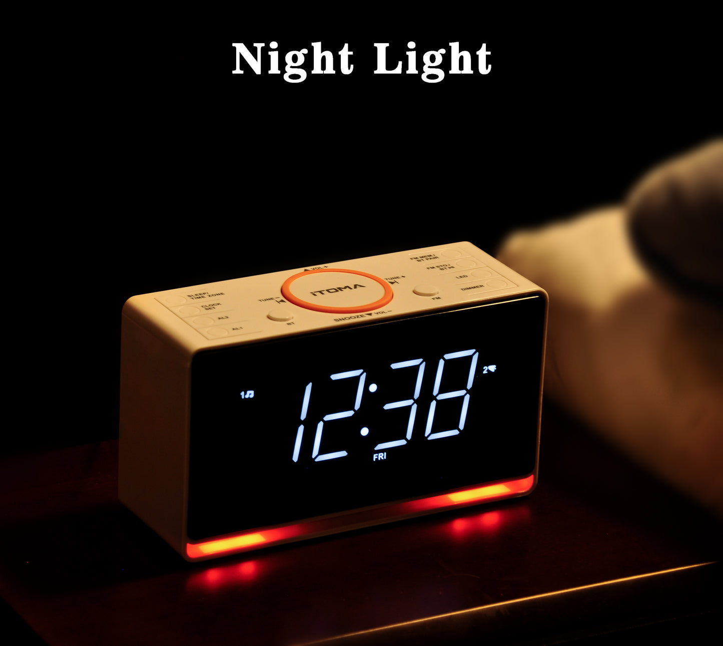 Digital Alarm Clock Radio, 1.4" White LED Display Clock with Bluetooth, FM Radio, Dual Alarm, Sleep Timer, Snooze, Auto & Manual Dimmer, USB Charger and Night Light iTOMA 718