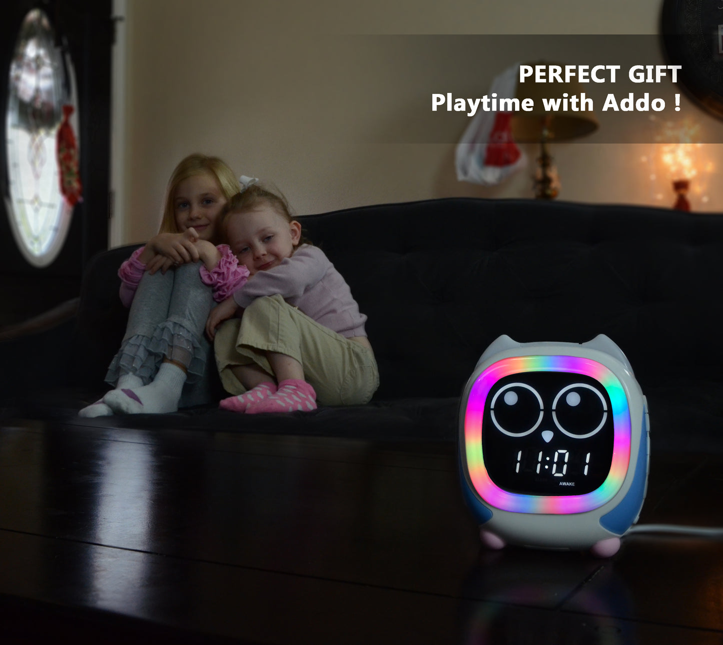 Kinderwecker Addo, Sonnenaufgangs-/Sonnenuntergangssimulation, Nachttischlampe, Uhrentrainer für Kinder mitwachsen und Bluetooth-Musikplayer, Weißes Rauschen, Schlafgeräusche, Weckuhr, Eule, iTOMA