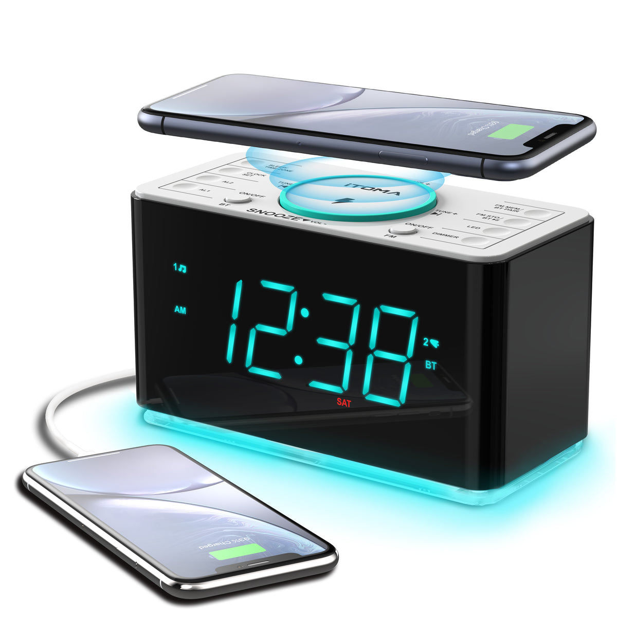 Bedside Alarm Clock Radio, 15 W Ultra Fast Wireless Phone Charger with wireless conncetion, USB Charging Port, Dual Alarm, Sleep Timer, Snooze, Dimmer, FM Radio,Cyan LED Night Light &1.4" Display iTOMA 207S