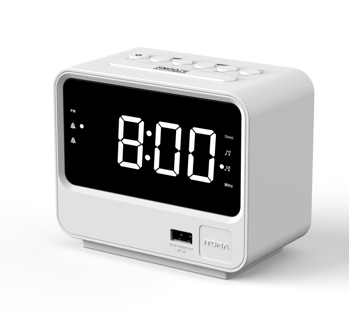 iTOMA Alarm Clock Radio for Bedrooms with Two USB Charging Port, Large Numbers with Adjustable Brightness, Bedside Digital FM Radio with Sleep Timer, Volume, Snooze, Led Digital Clock A23 (White)