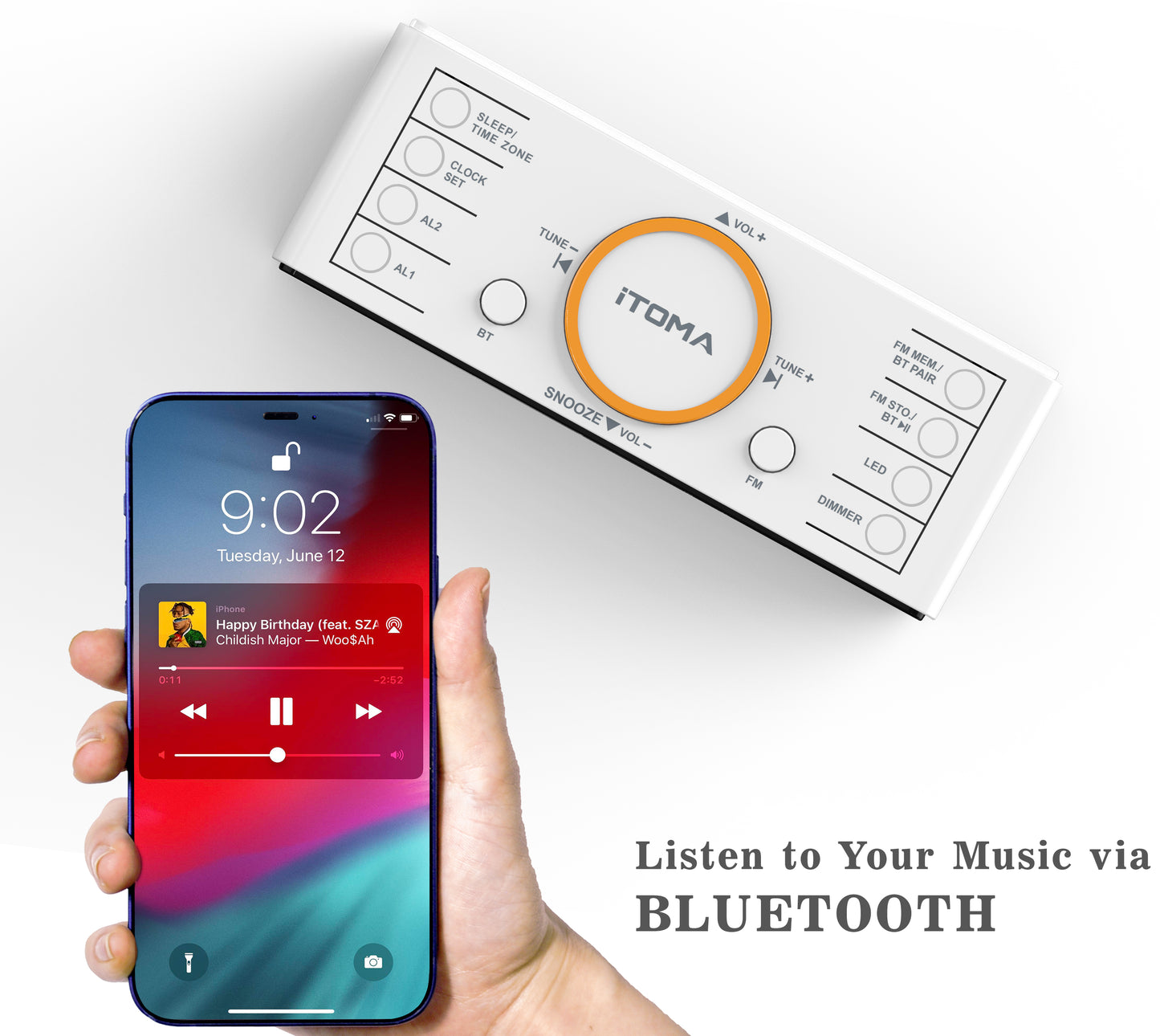 Digital Alarm Clock Radio, 1.4" White LED Display Clock with Bluetooth, FM Radio, Dual Alarm, Sleep Timer, Snooze, Auto & Manual Dimmer, USB Charger and Night Light iTOMA 718