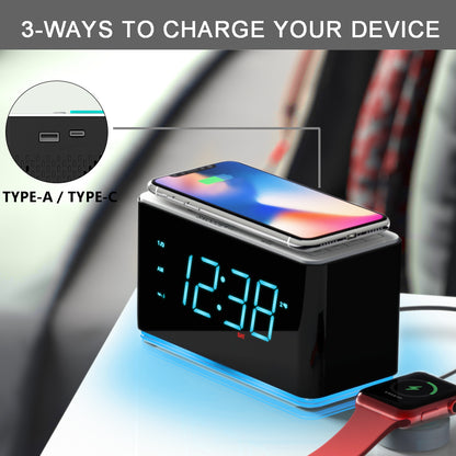 iTOMA 207A-AU Creative APP Control, Alarm Clock Radio with 15W Wireless Charger, FM Radio, Bluetooth, Two Charging Ports, Dual Alarm, Sleep Timer, Snooze, Auto-Manual Dimmer, Night Light &1.4" Ice Blue LED Display Clock Radio for Bedroom