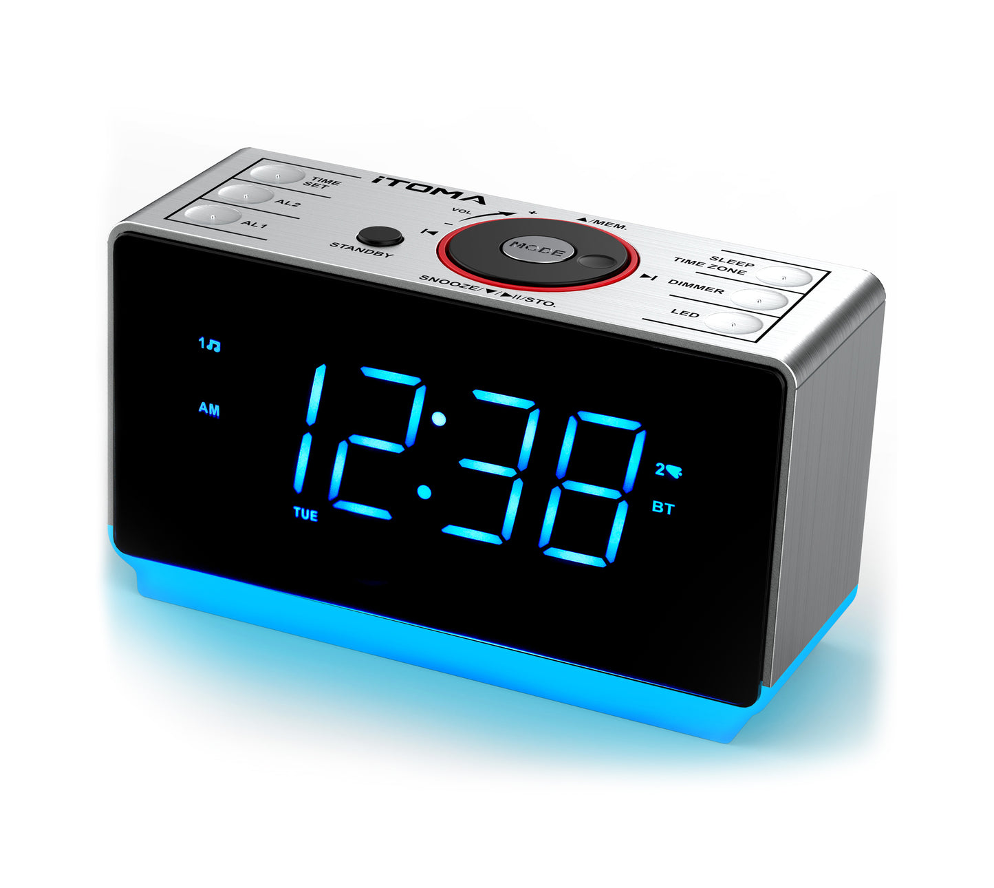 Radio despertador digital con altavoz Bluetooth, radio FM, alarma dual con función de repetición, gran pantalla LED, control de atenuación, salida de carga USB y luz nocturna iTOMA 708