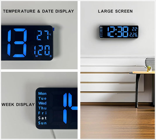 Reloj de pared digital, pantalla LED grande de 13 pulgadas para decoración de sala de estar, despertador, temporizador, 12/24 h, regulador de brillo automático, reloj grande con día, fecha y temperatura (13 pulgadas) 