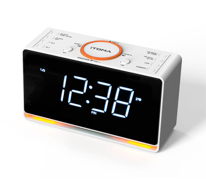 Digital Alarm Clock Radio, 1.4" White LED Display Clock with Bluetooth, FM Radio, Dual Alarm, Sleep Timer, Snooze, Auto & Manual Dimmer, USB Charger and Night Light iTOMA 718