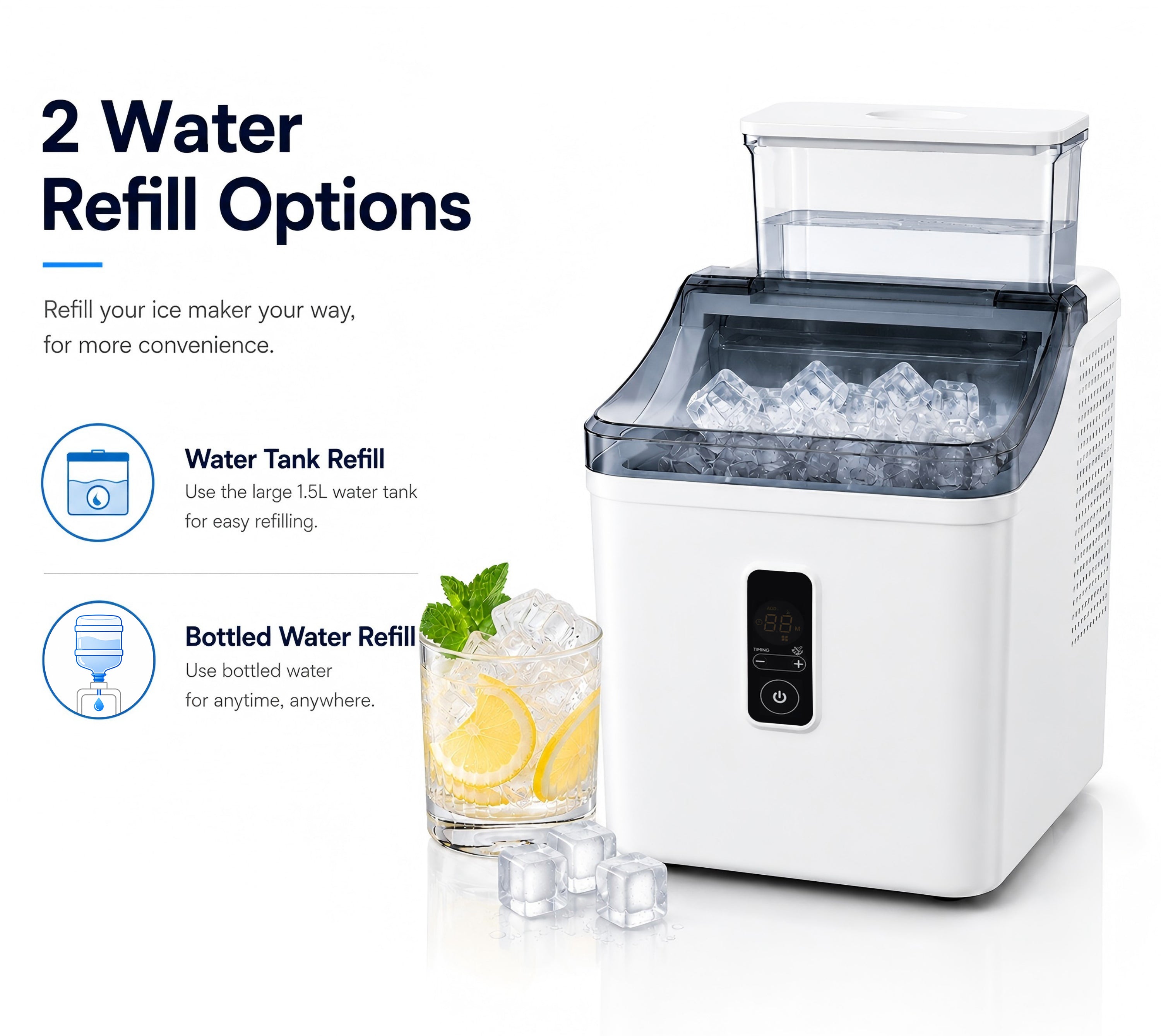 Ice Cube Maker Machine Countertop with 2 Ways to Add Water, Portable Self-Cleaning Ice Maker for Home/Kitchen/Office/RV, Ice Thickness Adjustable, 1-24H Timer, Ready in 20 Mins