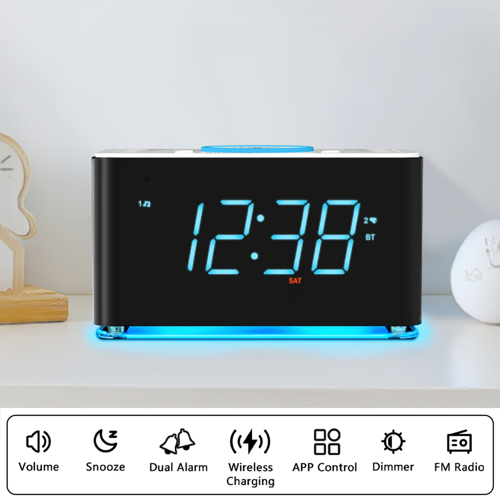 Bedside Alarm Clock Radio, 15 W Ultra Fast Wireless Phone Charger with wireless conncetion, USB Charging Port, Dual Alarm, Sleep Timer, Snooze, Dimmer, FM Radio,Cyan LED Night Light &1.4" Display iTOMA 207S