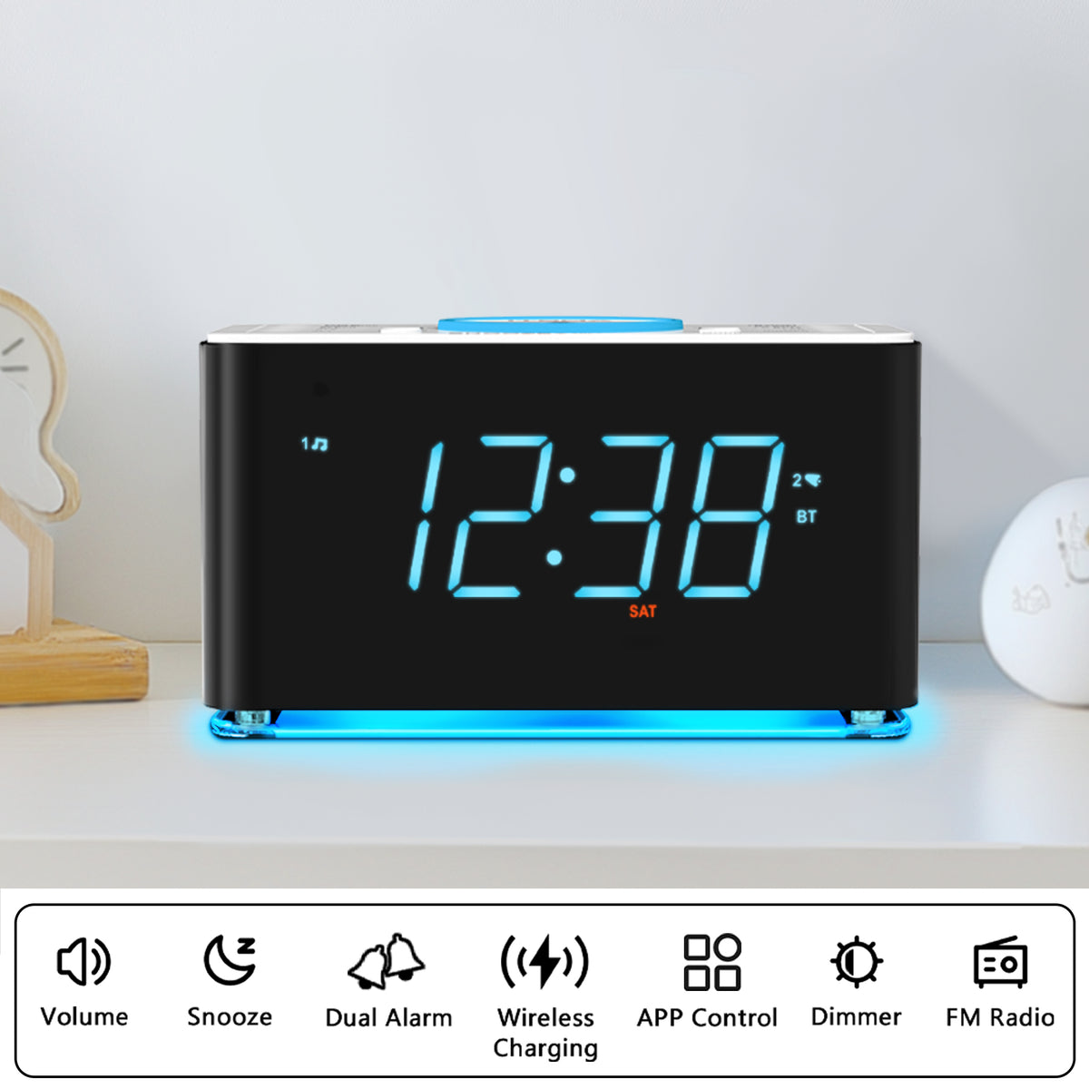 Bedside Alarm Clock Radio, 15 W Ultra Fast Wireless Phone Charger with wireless conncetion, USB Charging Port, Dual Alarm, Sleep Timer, Snooze, Dimmer, FM Radio,Cyan LED Night Light &1.4" Display iTOMA 207S