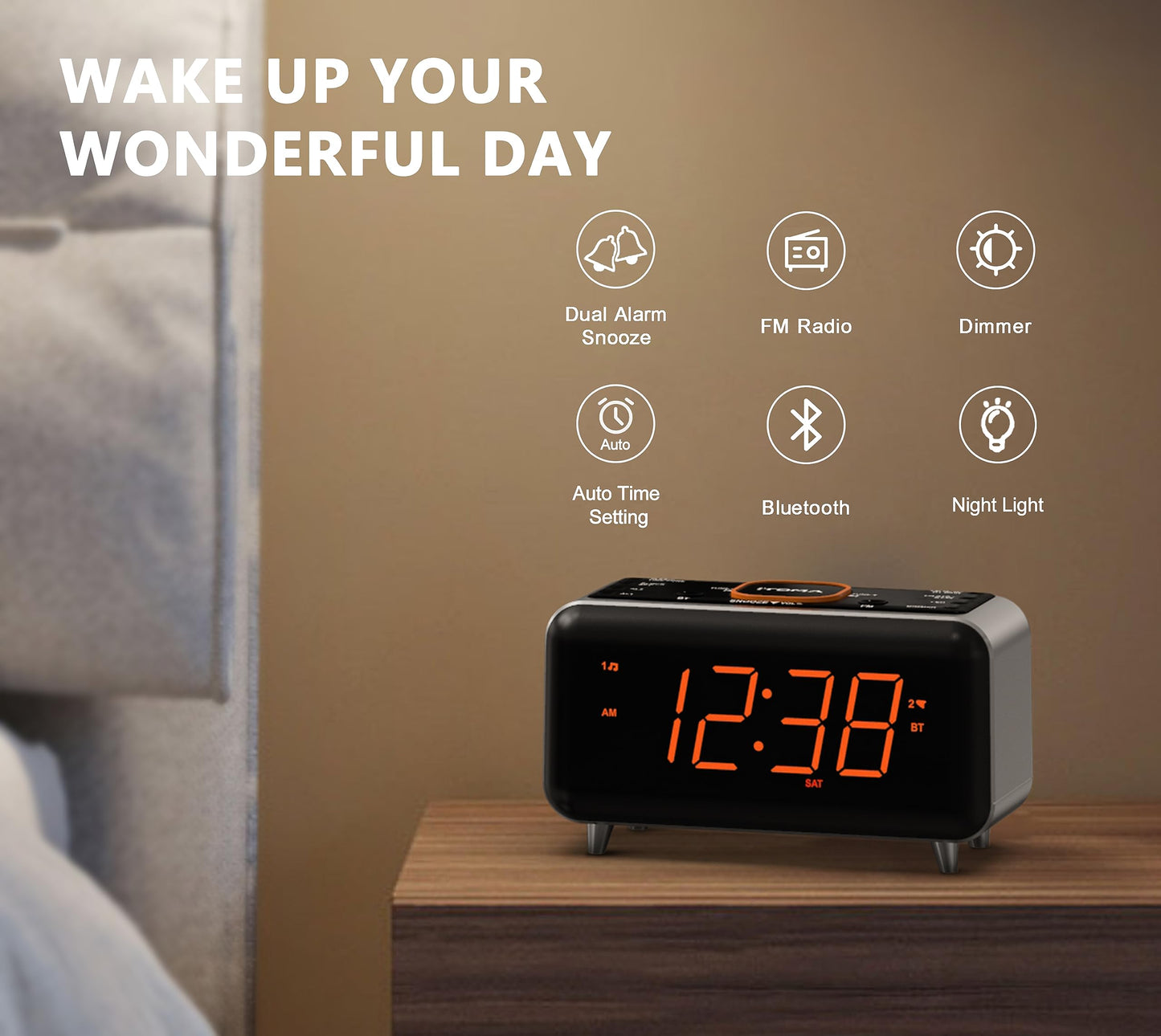 新Radio Alarm Clock with App Control, Bluetooth, FM Radio, Dual Alarm of 4 Alarm Modes, Easy Snooze, Dimmer, Orange Night Light, 12/24 Hr & USB Charger Port iTOMA 208A