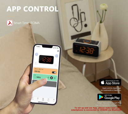 新Radio Alarm Clock with App Control, Bluetooth, FM Radio, Dual Alarm of 4 Alarm Modes, Easy Snooze, Dimmer, Orange Night Light, 12/24 Hr & USB Charger Port iTOMA 208A