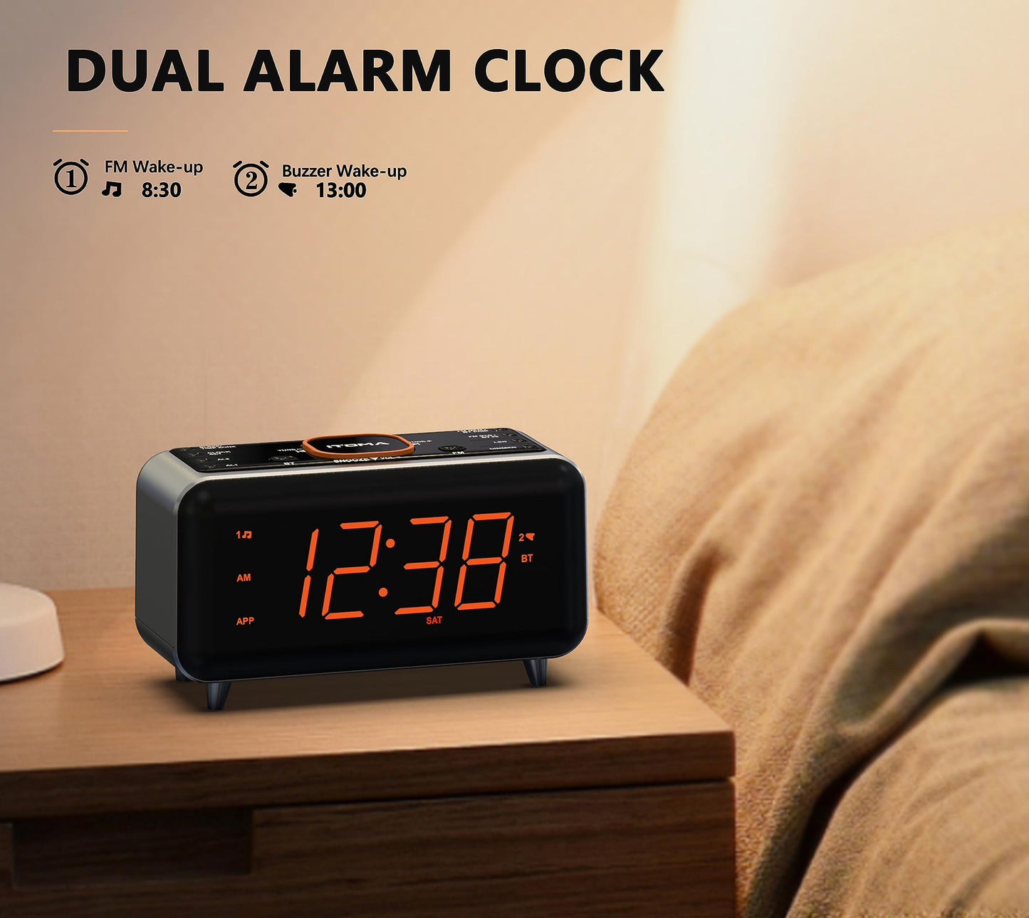 新Radio Alarm Clock with App Control, Bluetooth, FM Radio, Dual Alarm of 4 Alarm Modes, Easy Snooze, Dimmer, Orange Night Light, 12/24 Hr & USB Charger Port iTOMA 208A