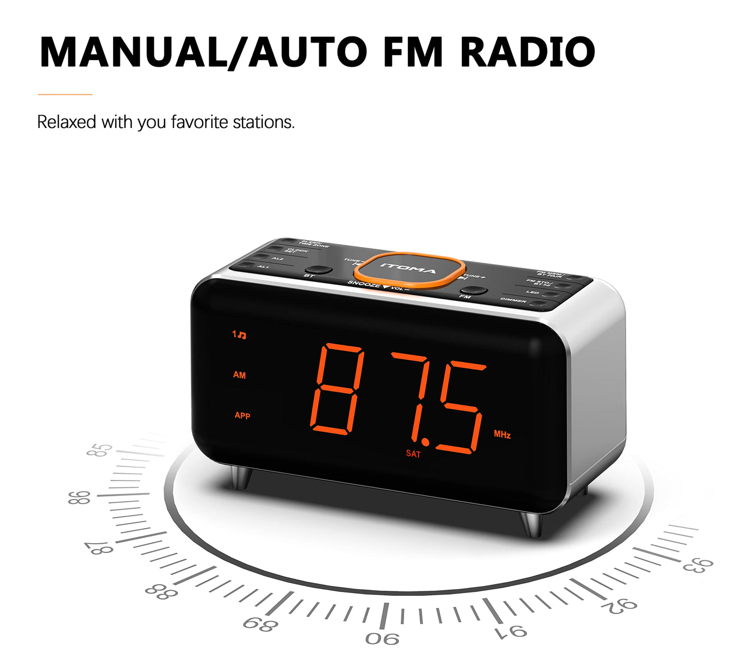 新Radio Alarm Clock with App Control, Bluetooth, FM Radio, Dual Alarm of 4 Alarm Modes, Easy Snooze, Dimmer, Orange Night Light, 12/24 Hr & USB Charger Port iTOMA 208A