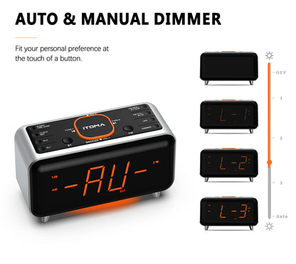 新Radio Alarm Clock with App Control, Bluetooth, FM Radio, Dual Alarm of 4 Alarm Modes, Easy Snooze, Dimmer, Orange Night Light, 12/24 Hr & USB Charger Port iTOMA 208A
