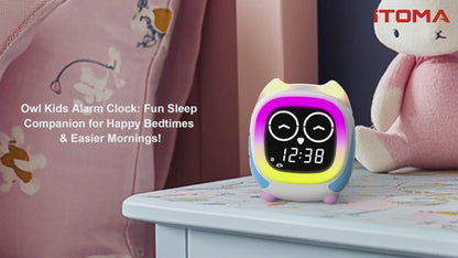 Kinderwecker Addo, Sonnenaufgangs-/Sonnenuntergangssimulation, Nachttischlampe, Uhrentrainer für Kinder mitwachsen und Bluetooth-Musikplayer, Weißes Rauschen, Schlafgeräusche, Weckuhr, Eule, iTOMA